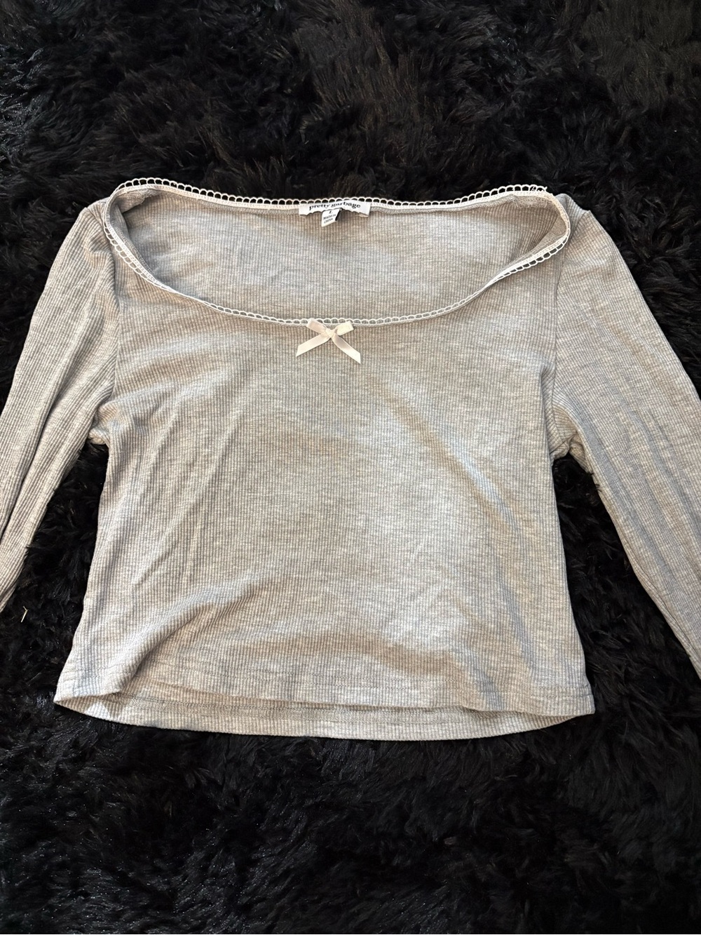 Square-Neck Ribbed Crop Top with Bow - Gray